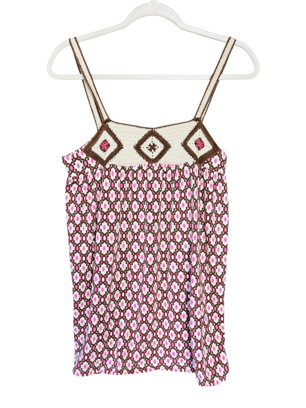 Crochet-Accent Pink & Brown Patterned Spaghetti Strap Top